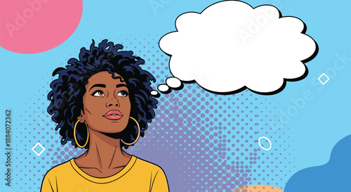 Young woman in a pop art style is shown thinking with a large blank thought bubble over a blue and pink halftone background.