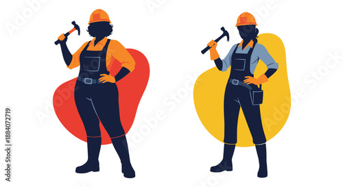 Vector illustration of two female construction workers wearing safety helmets and overalls while holding hammers in confident poses.