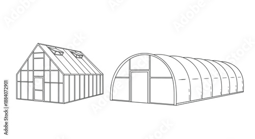 Set of two different greenhouse structures illustrated in simple black line art, including a gabled and a hoop-style design.