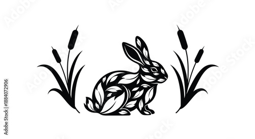 Creative black and white silhouette of a rabbit composed of leaves standing between two stylized reed or cattail plants.