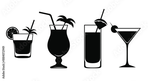 Set of four black silhouettes of different cocktail and mocktail glasses featuring garnishes like lemon, pineapple, and olives.