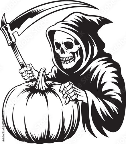 A grim reaper with scythe resting on large pumpkin in black and white drawing