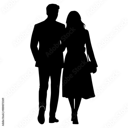silhouette of a man and woman walking together, seen from behind (back view) eps 10