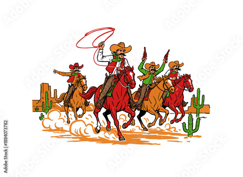 Western cowboy artwork. Wild west rodeo illustration. Cowboys riding horses with lasso and guns. Perfect for t shirt print, poster, sticker, backgroun