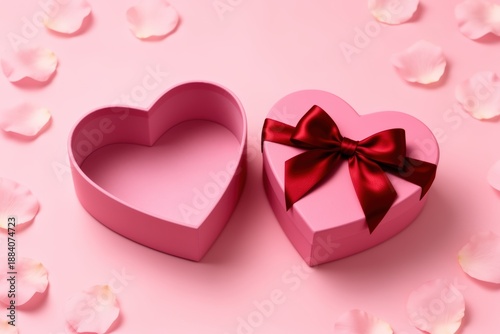 Open heart-shaped gift box with red ribbon on pink background with rose petals