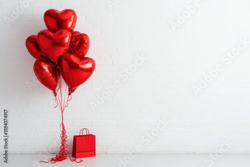 Red heart-shaped balloons and gift bag against white brick wall