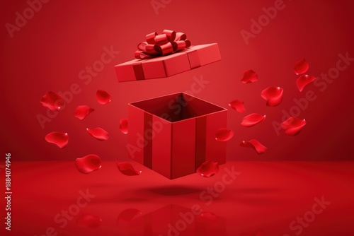 Floating open red gift box with rose petals on red background