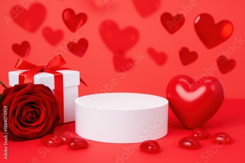 Romantic red heart-themed gift scene with rose and present box