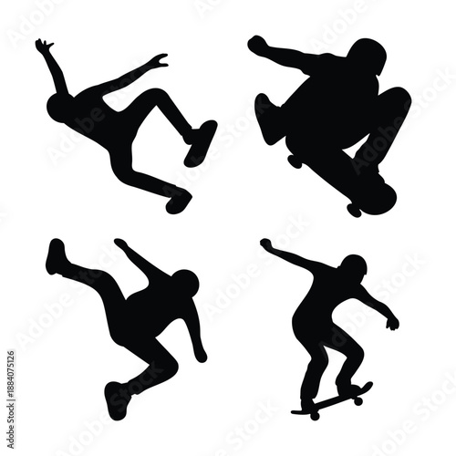 Dynamic skateboarder silhouettes capturing various tricks and motion against a white background