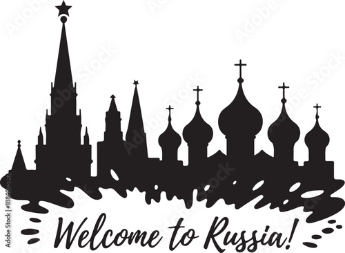 Welcome to russia moscow skyline vector silhouette with st basils cathedral and kremlin