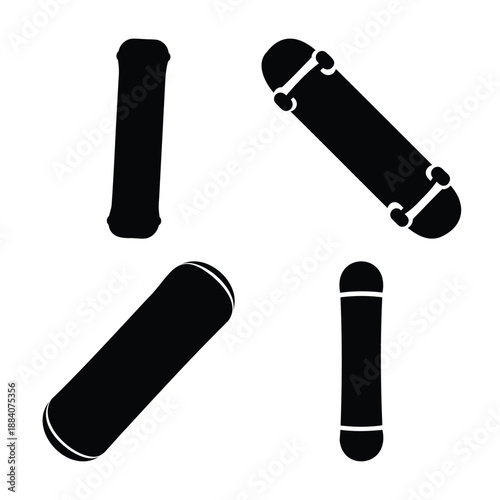 Collection of iconic board sports silhouettes including skateboard, snowboard, and surfboards