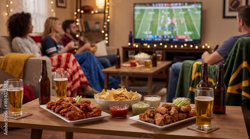 Exciting american football watch party at home cozy living room food and drinks spread vibrant atmosphere group gathering