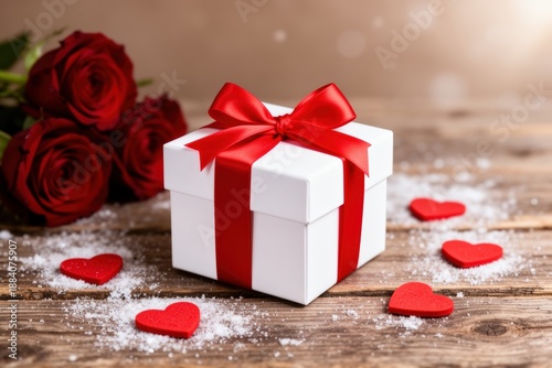 White gift box with red ribbon and roses on rustic wood background