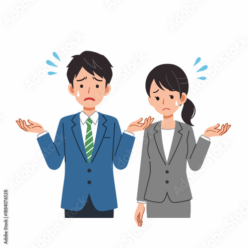 confused business man and woman shrugging.