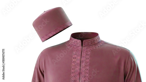 Maroon Thobe and Kufi Set with Intricate Embroidery