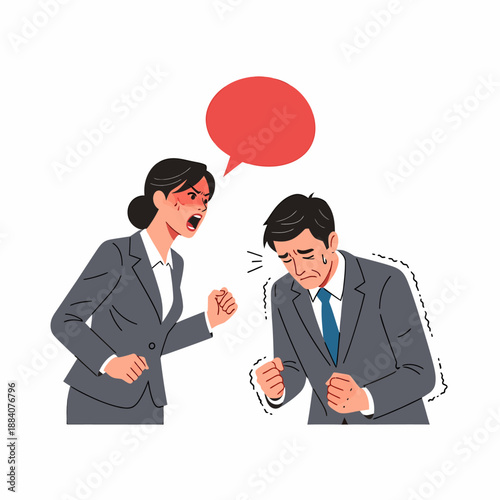 Business Conflict Angry Female Boss Scolding Male Employee.