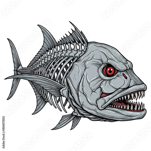 giant trevally skeleton fish with sharp teeth and red eyes vector illustration isolated