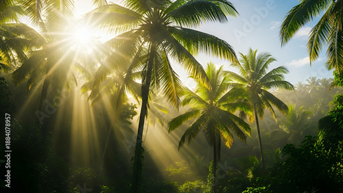 Sunbeams through lush green palm trees in tropical jungle light rays