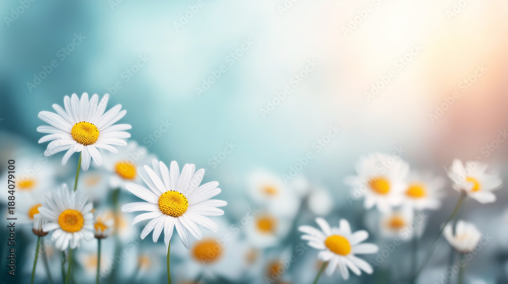 Fototapeta premium Daisies flowering in a spring field, creating a natural frame. Gentle sunlight illuminates a tranquil blue green background