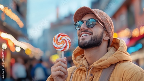 A Muslim man enjoying a striped lollipop at a vibrant food festival.