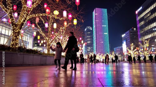 Wallpaper Mural Night scene of a city square decorated with colorful lanterns and string lights on trees, with modern illuminated skyscrapers in the background and people walking on the wet pavement Torontodigital.ca