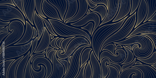 Luxury botanical pattern, abstract line leaves, floral art deco gold background. Elegant vector design, jungle foliage, organic texture, wallpaper, textile print, poster, premium decor