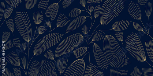 Luxury botanical pattern, abstract line leaves, floral art deco gold background. Elegant vector design, jungle foliage, organic texture, wallpaper, textile print, poster, premium decor