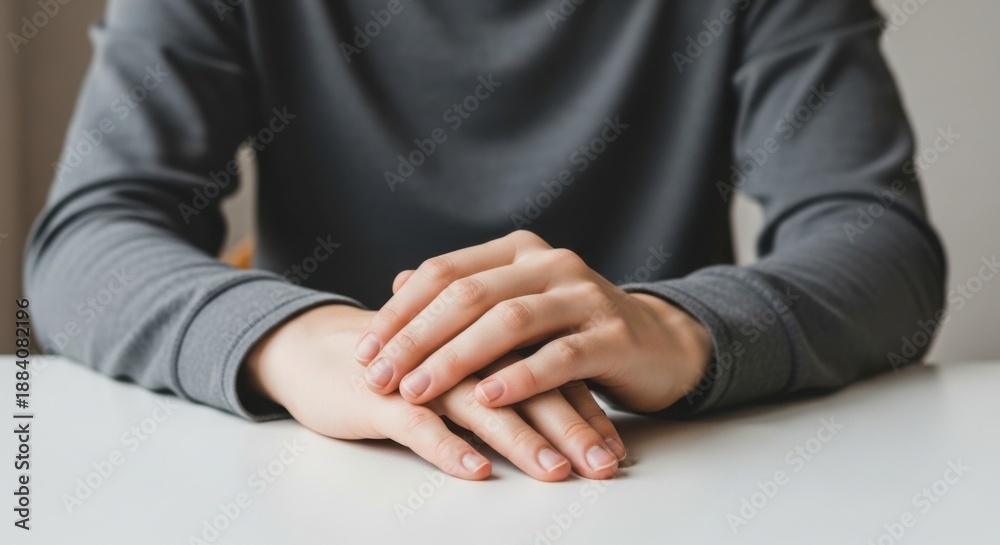 Fototapeta premium Person with hands clasped on a white table, close up view.