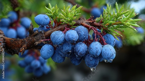 Detailed Close Up of Juniper Berry Branch with Fresh Raindrops Nature