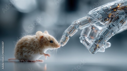 Conceptual Depiction of a Mouse Interacting with a Transparent Robotic Hand Close Up