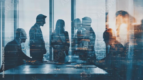 Double exposure business meeting with colleagues discussing strategy and data analysis, modern office interior corporate concept