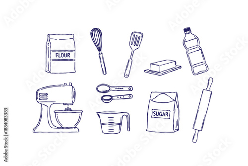 Line art bakery doodle style set, chef hat rolling pin whisk piping bag oven mitt and tiered cake. hand drawn linear vector illustration