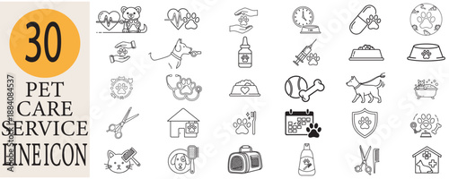 Pet care service line icon set with veterinary and grooming tools