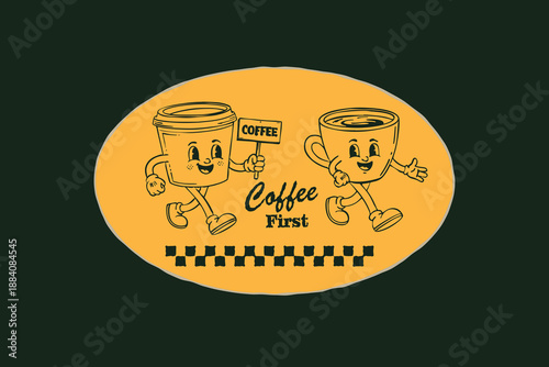 Vintage coffee character. Retro coffee shop poster doodle style. walking drink mascot with text. Cafe menu with coffee cup, espresso mug, cappuccino, latte. Groovy comic vector design illustration