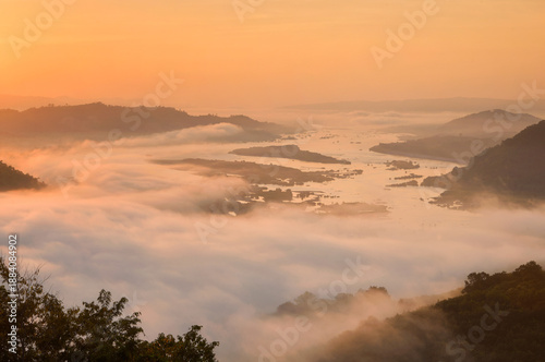 mountain peaks in morning fog - foggy morning over thailand moun