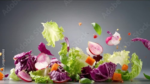 Vibrant Vegetable Burst: A dynamic arrangement of fresh, colorful vegetables suspended mid-air against a serene backdrop, an artistic portrayal of healthy eating.
