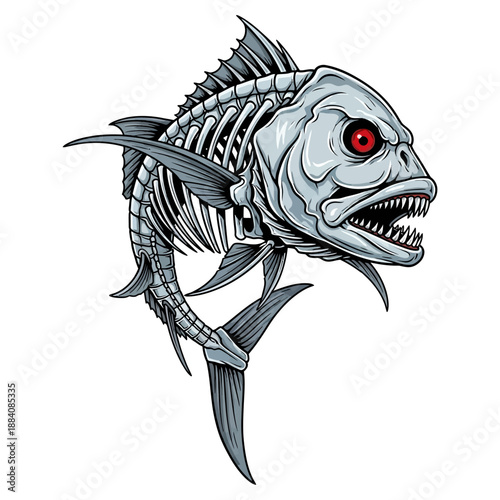 giant trevally skeleton fish with sharp teeth and red eyes vector illustration isolated