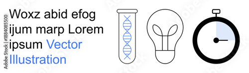 Science innovation, technology, research, time management, creativity, discovery. DNA strand, light bulb and stopwatch. Science innovation and technology concept