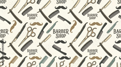 Barber Shop Pattern with Vintage Tools and Mustaches