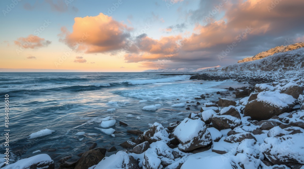 Fototapeta premium Winter coastline with icy waves, snow-dusted rocks, and soft clouds at dawn Generative AI