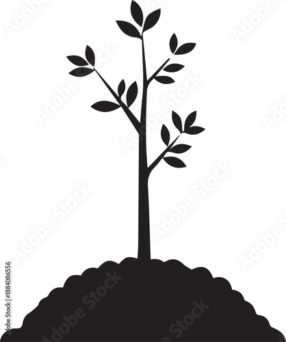 Small tree growing on soil mound silhouette illustration vector representing reforestation