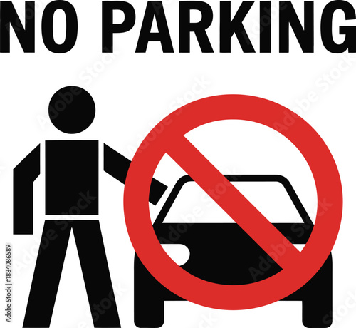 No parking symbol icon, restricted parking sign with human figure and car for traffic warning and signage design, vector illustration