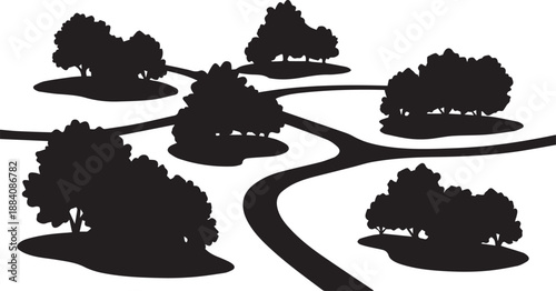 Winding path road through park area landscape bushy deciduous trees environment vector silhouette illustration line art