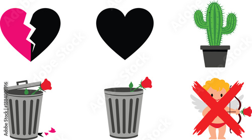 Broken heart pink and black icons with trash can and sad cupid