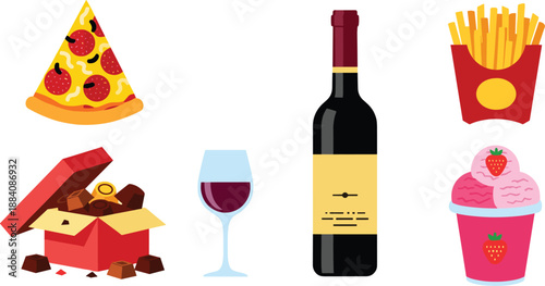 Collection of delicious comfort food items and alcoholic beverages for holiday or party time