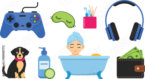 Relaxation self care bath pets gaming headphones money line art vector illustration set isolated icons
