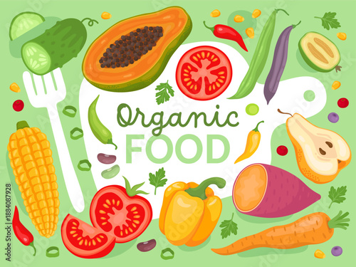 Banner or card design for a vegan shop, market, cafe. Various fresh vegetables and fruits, inscription "organic food". Papaya, corn, pepper, tomato, cucumber, carrot, pear.