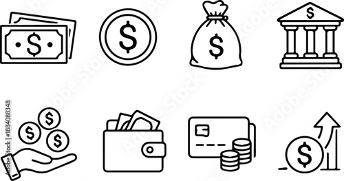 Money and banking icons in clean outline