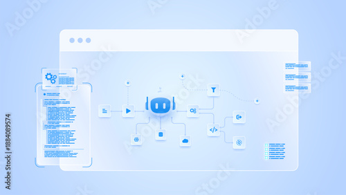AI workflow automation artificial intelligence. ai agent network diagram data pipelines, code panels and automation system.