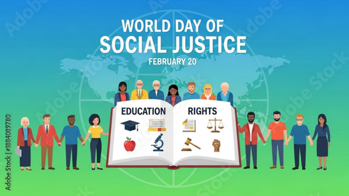 World day of social justice illustration with diverse people education and rights concept